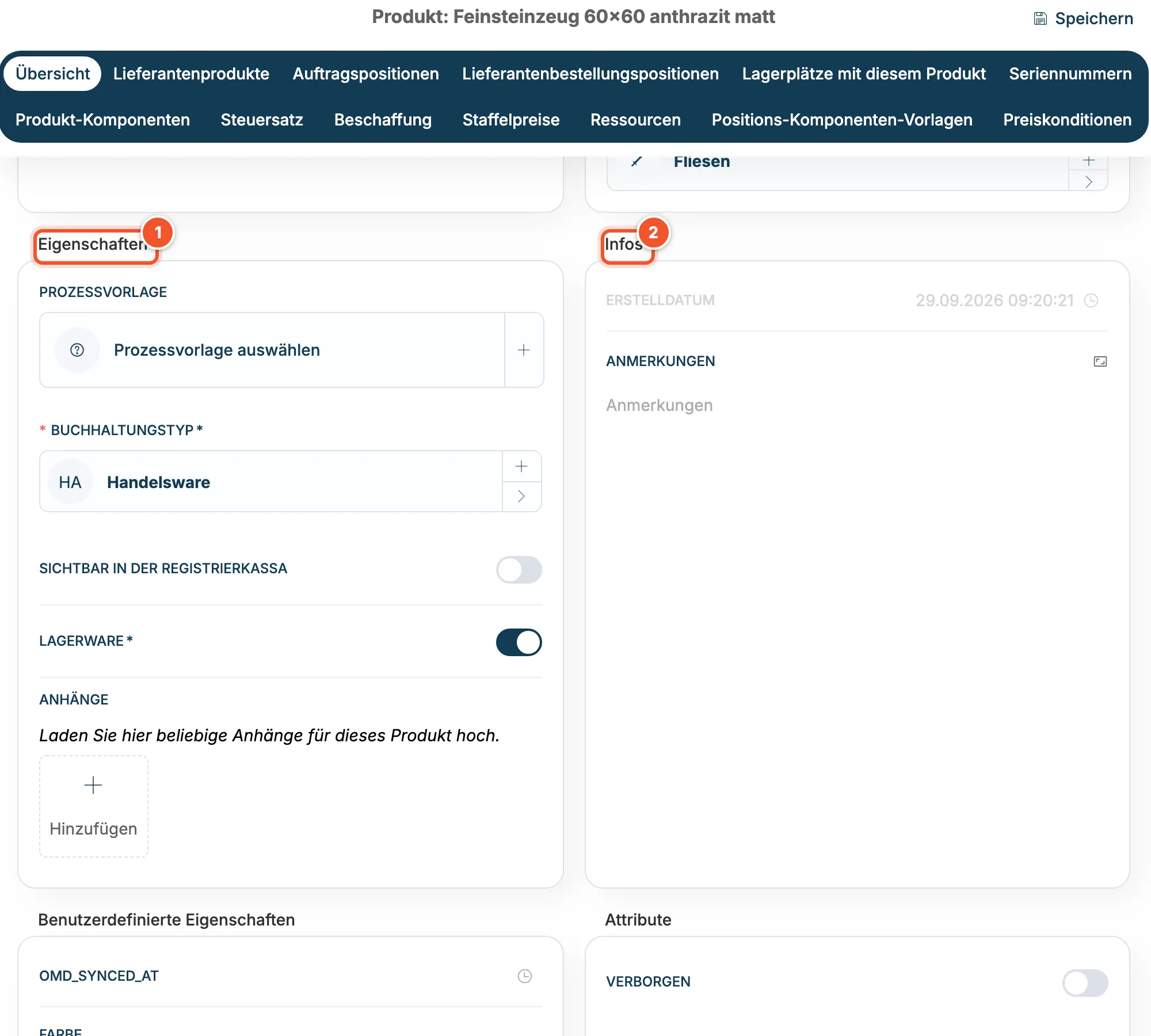 Bereiche Eigenschaften und Infos in der Produkt-Übersicht