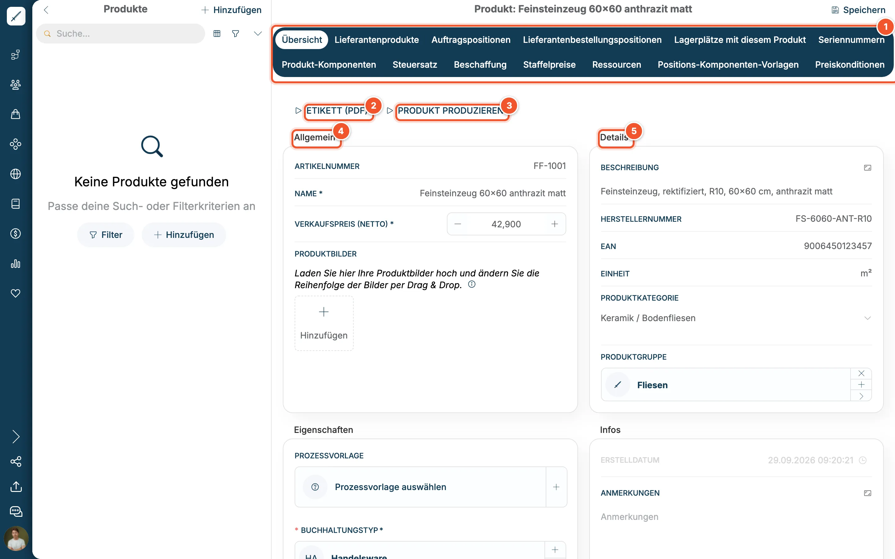 Detailansicht des Produkts Feinsteinzeug 60×60 anthrazit matt mit Reitern, Aktionen und den Bereichen Allgemein und Details