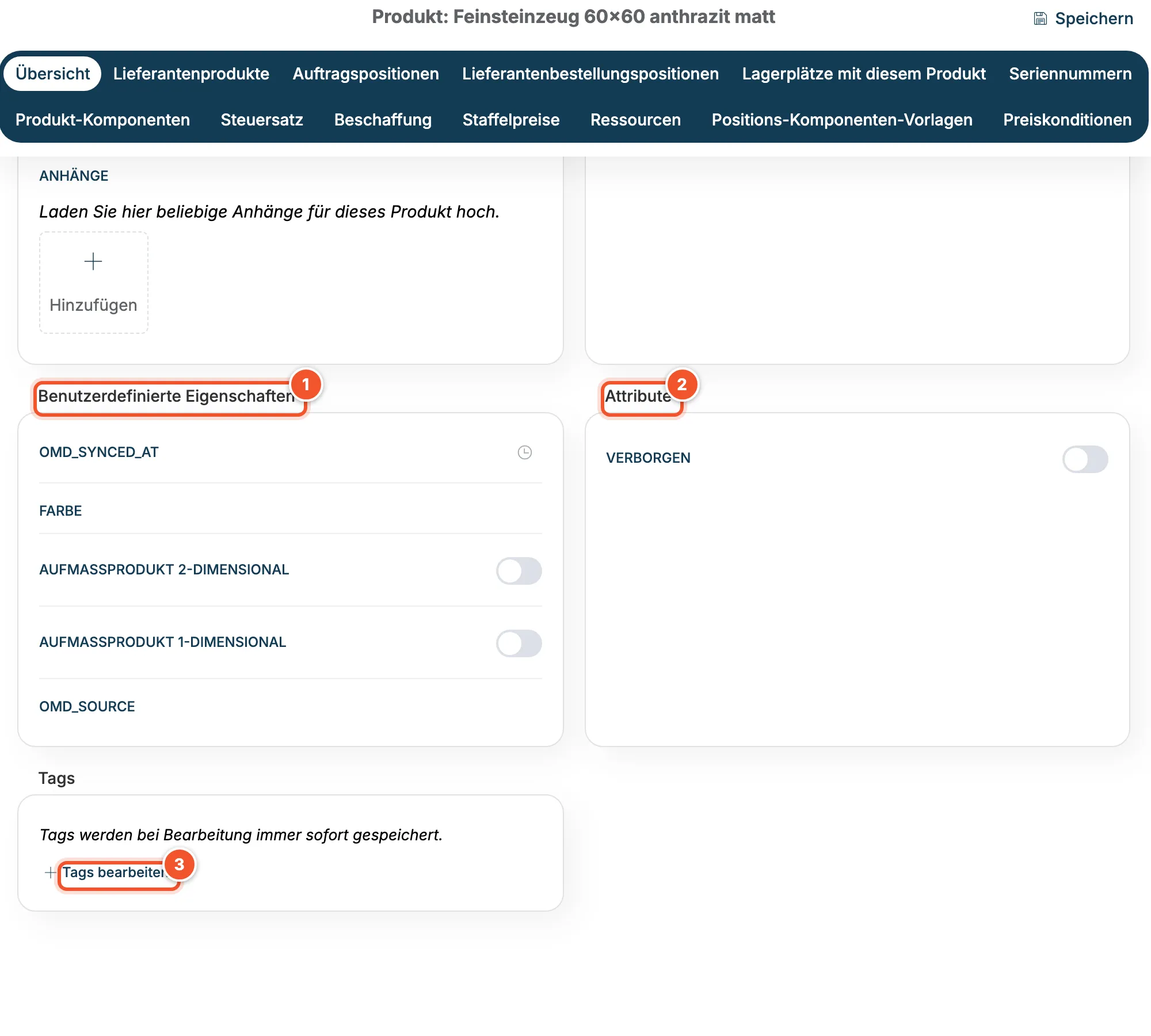 Benutzerdefinierte Eigenschaften, Attribute mit Verborgen und Tags
