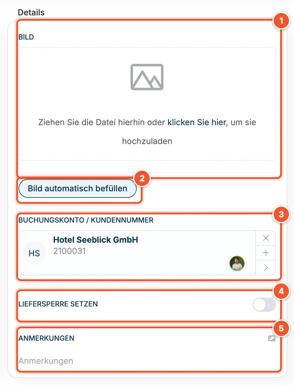 Bereich Details mit Bild, Bild automatisch befüllen, Buchungskonto, Liefersperre und Anmerkungen
