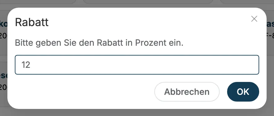 Eingabefenster Rabatt mit dem Wert 12