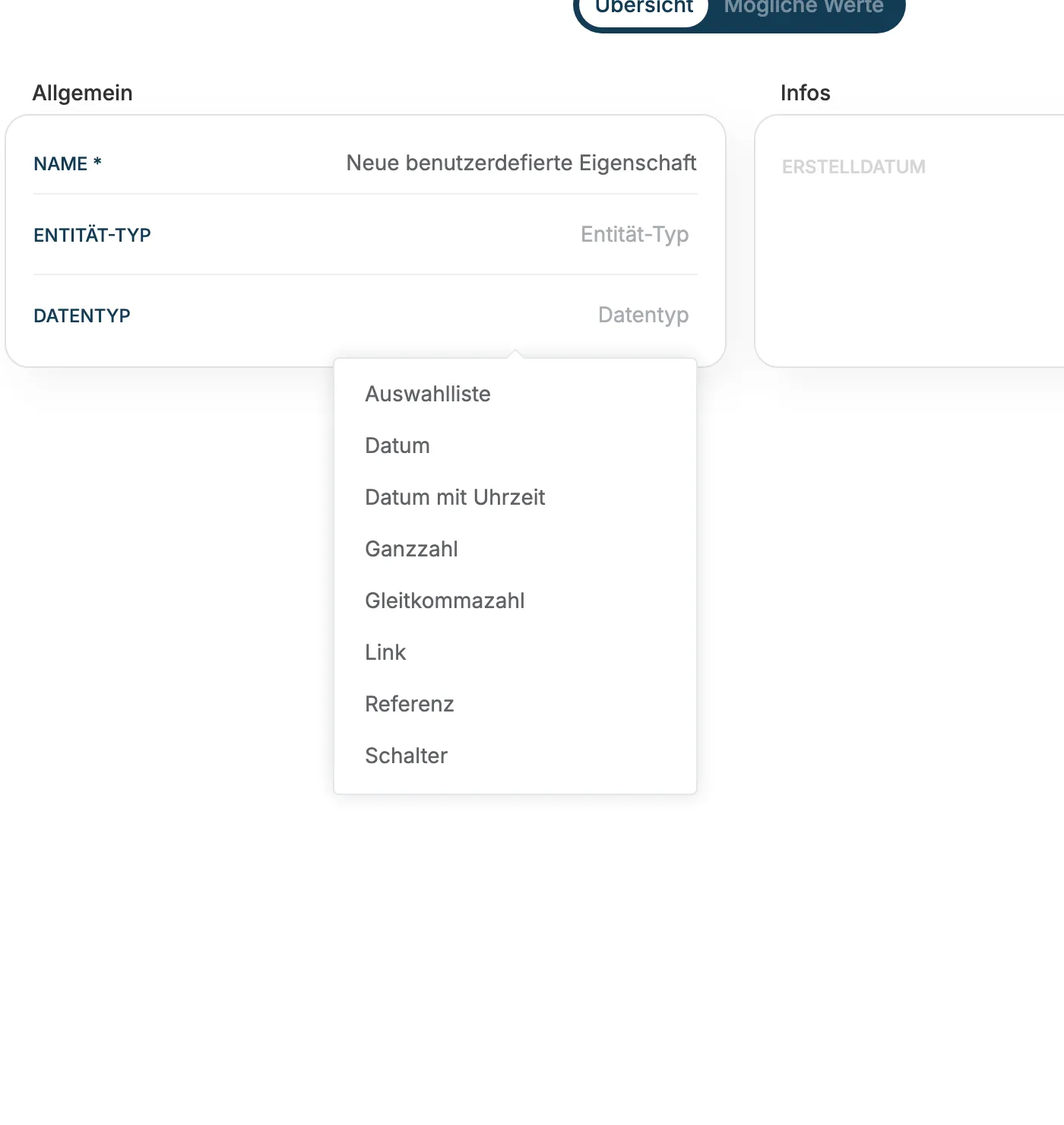 Geöffnete Auswahl Datentyp mit Auswahlliste, Datum, Datum mit Uhrzeit, Ganzzahl, Gleitkommazahl, Link, Referenz, Schalter