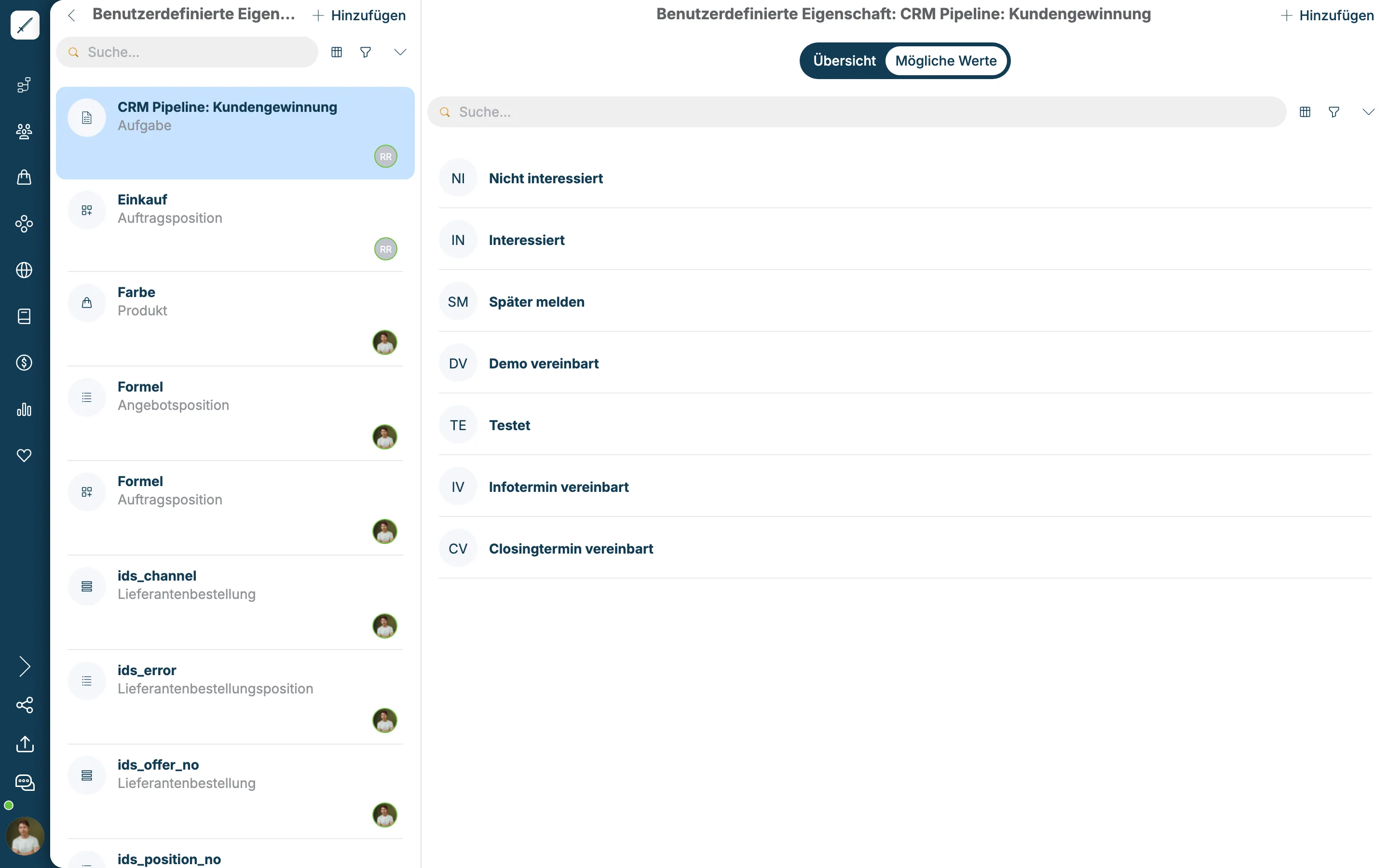 Reiter Mögliche Werte der Eigenschaft CRM Pipeline: Kundengewinnung mit Werten wie Nicht interessiert, Interessiert, Später melden