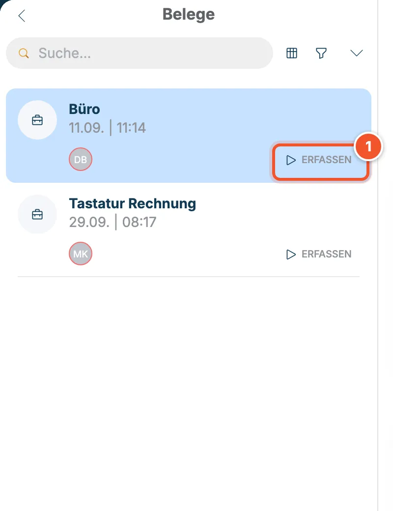 Liste der Belege mit dem Button Erfassen