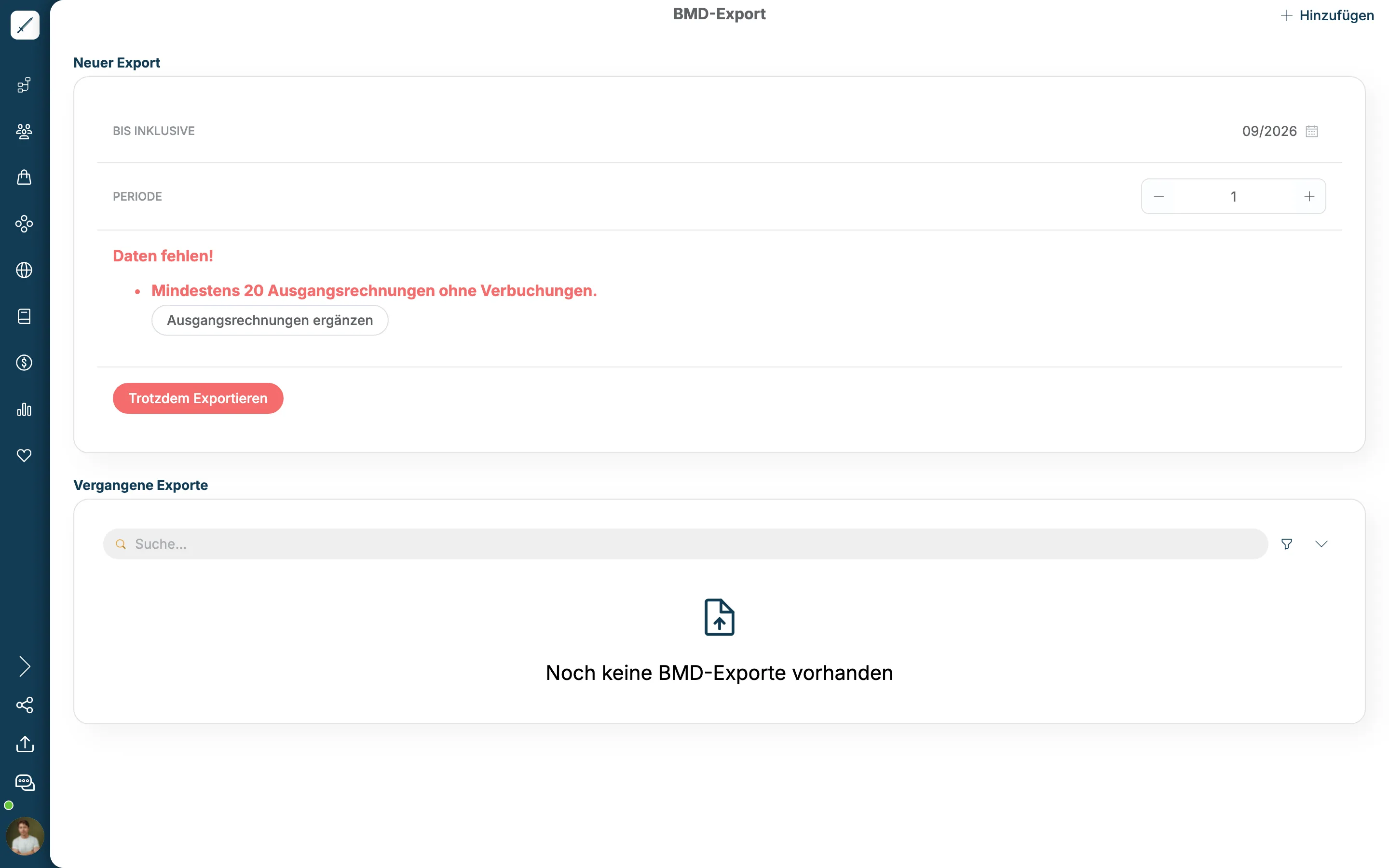 Seite BMD-Export mit Bis inklusive 09/2026, Hinweis Daten fehlen und Button Trotzdem Exportieren