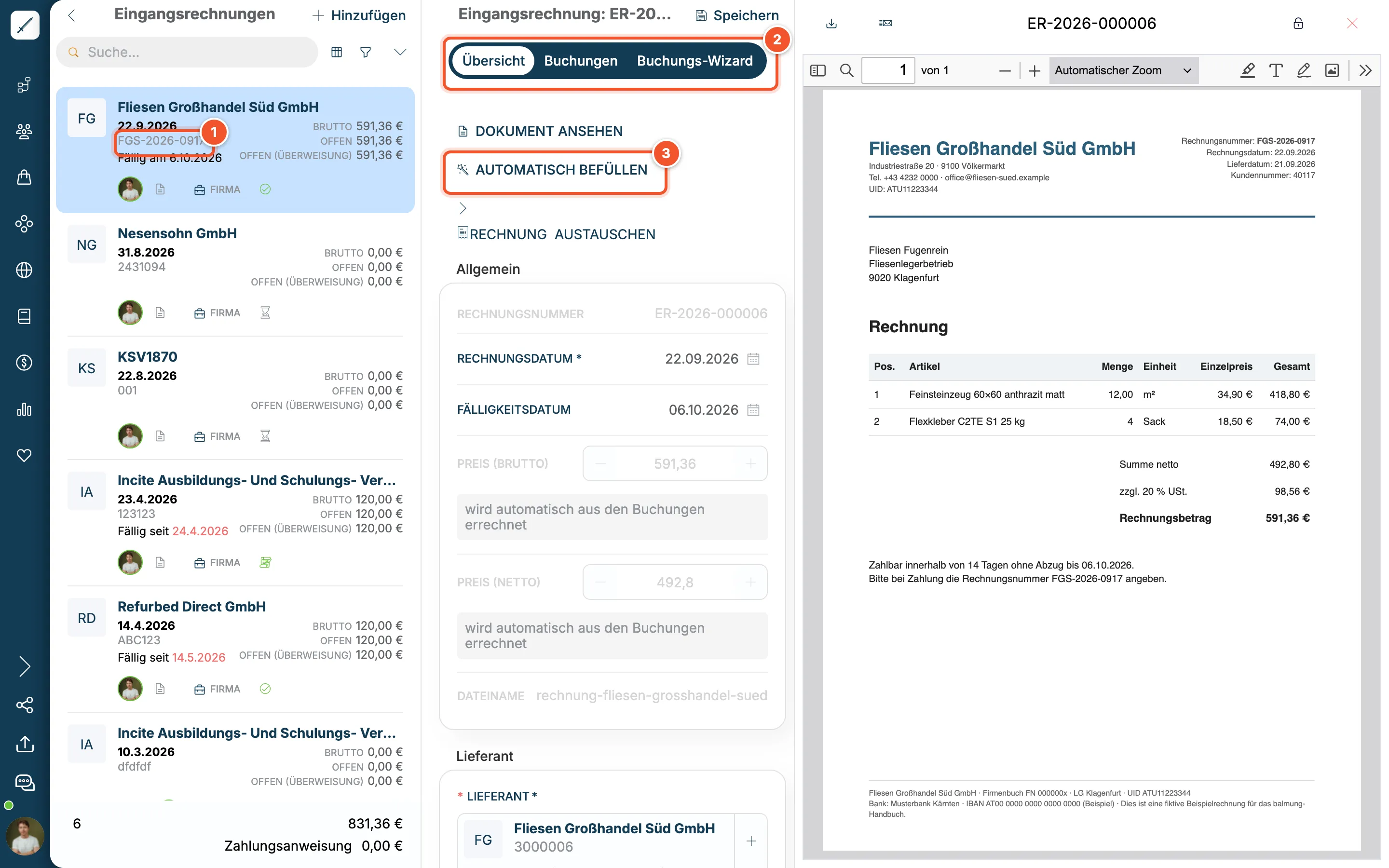 Eingangsrechnung von Fliesen Großhandel Süd GmbH mit Reitern und PDF-Vorschau der Rechnung FGS-2026-0917