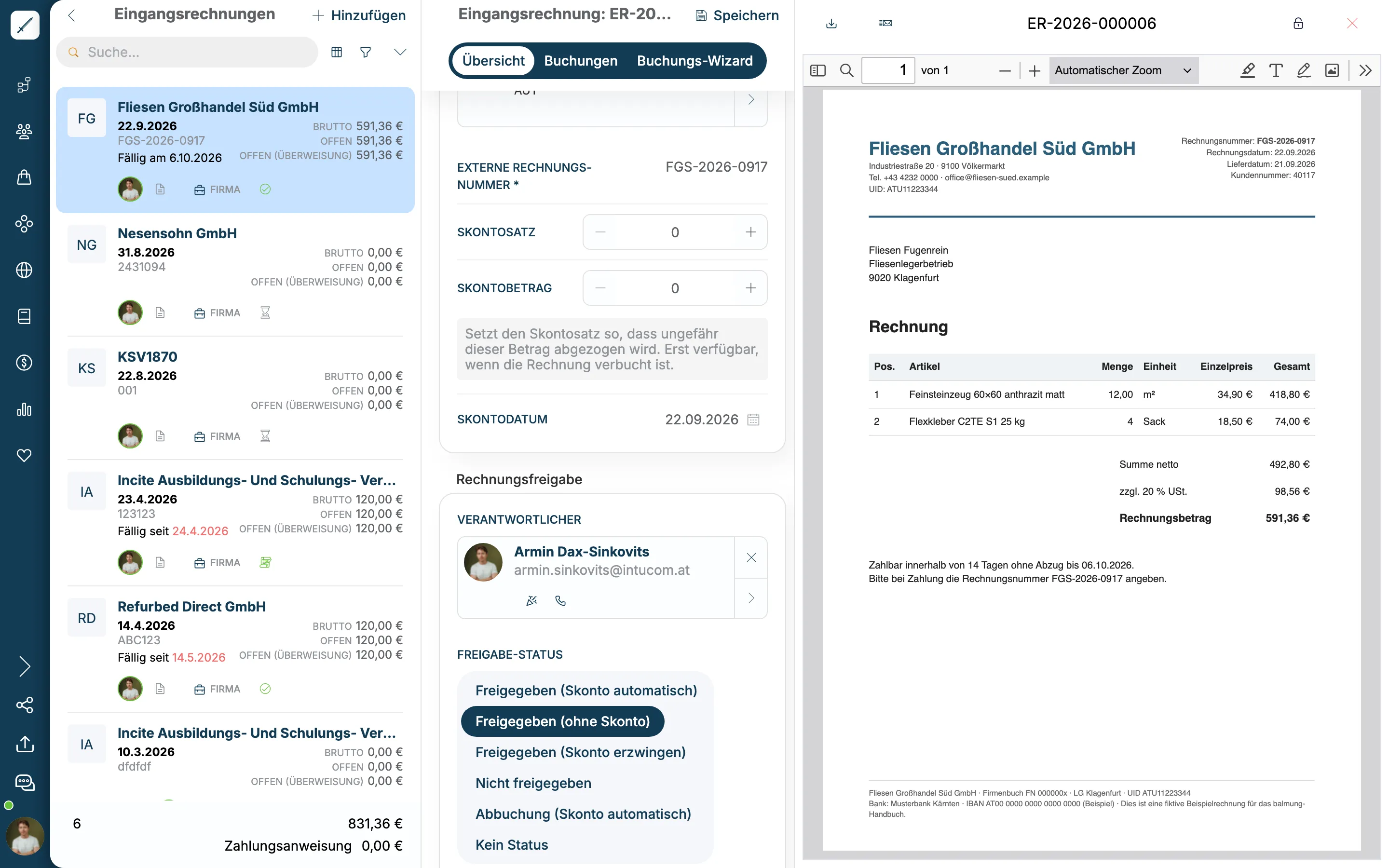 Bereich Rechnungsfreigabe mit Verantwortlichem und Freigabe-Status Freigegeben ohne Skonto