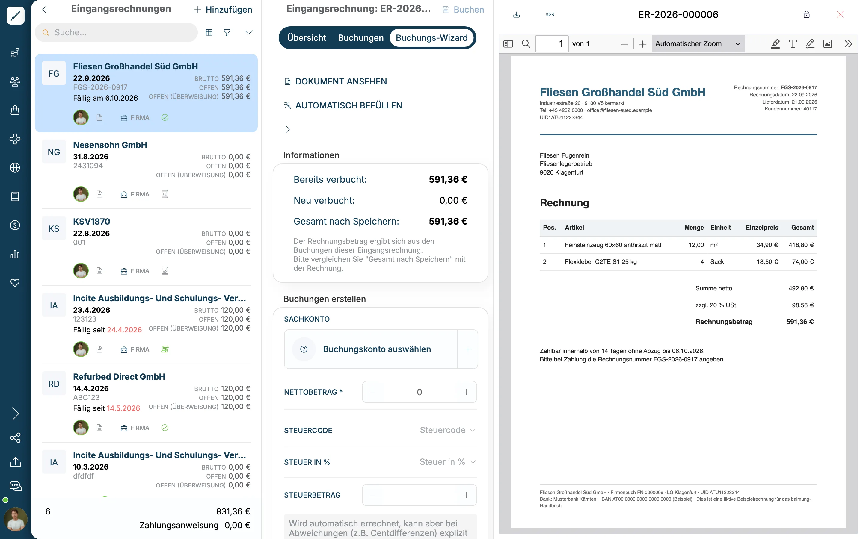 Buchungs-Wizard mit Bereits verbucht 591,36 Euro und Gesamt nach Speichern 591,36 Euro neben der Rechnung