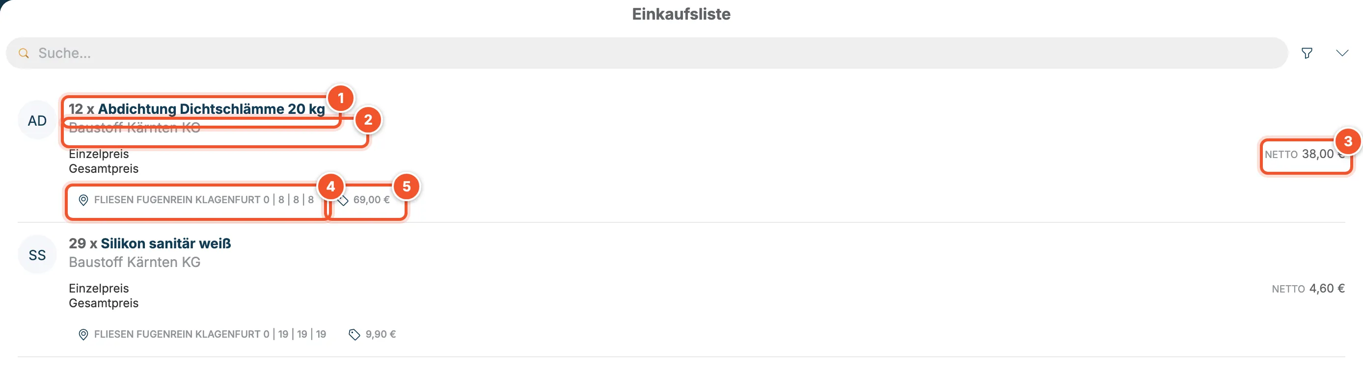 Einkaufsliste mit Vorschlägen für Abdichtung Dichtschlämme 20 kg und Silikon sanitär weiß von Baustoff Kärnten KG