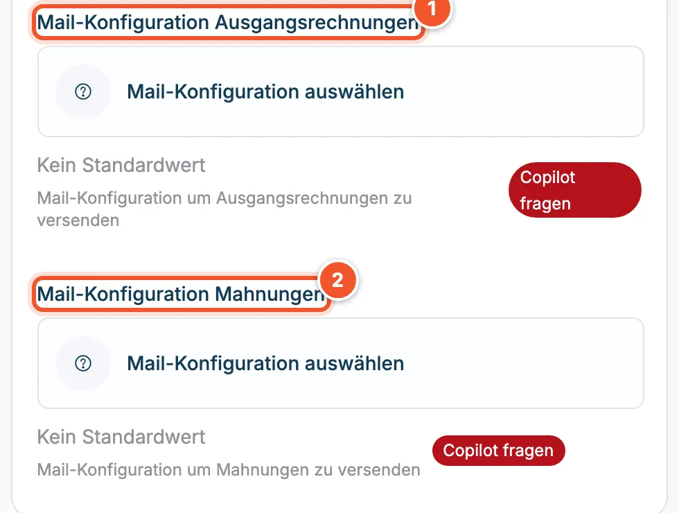 Einstellungen Ausgangsrechnung mit Auswahl der Mail-Konfiguration für Ausgangsrechnungen und für Mahnungen