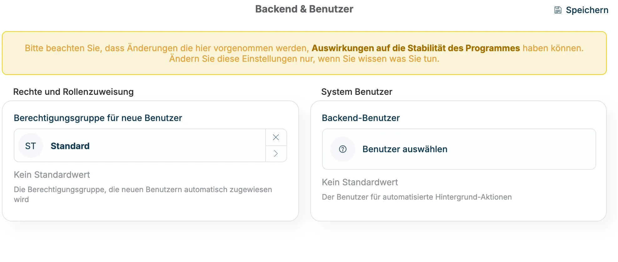 Bereich Backend & Benutzer mit Berechtigungsgruppe für neue Benutzer und Backend-Benutzer
