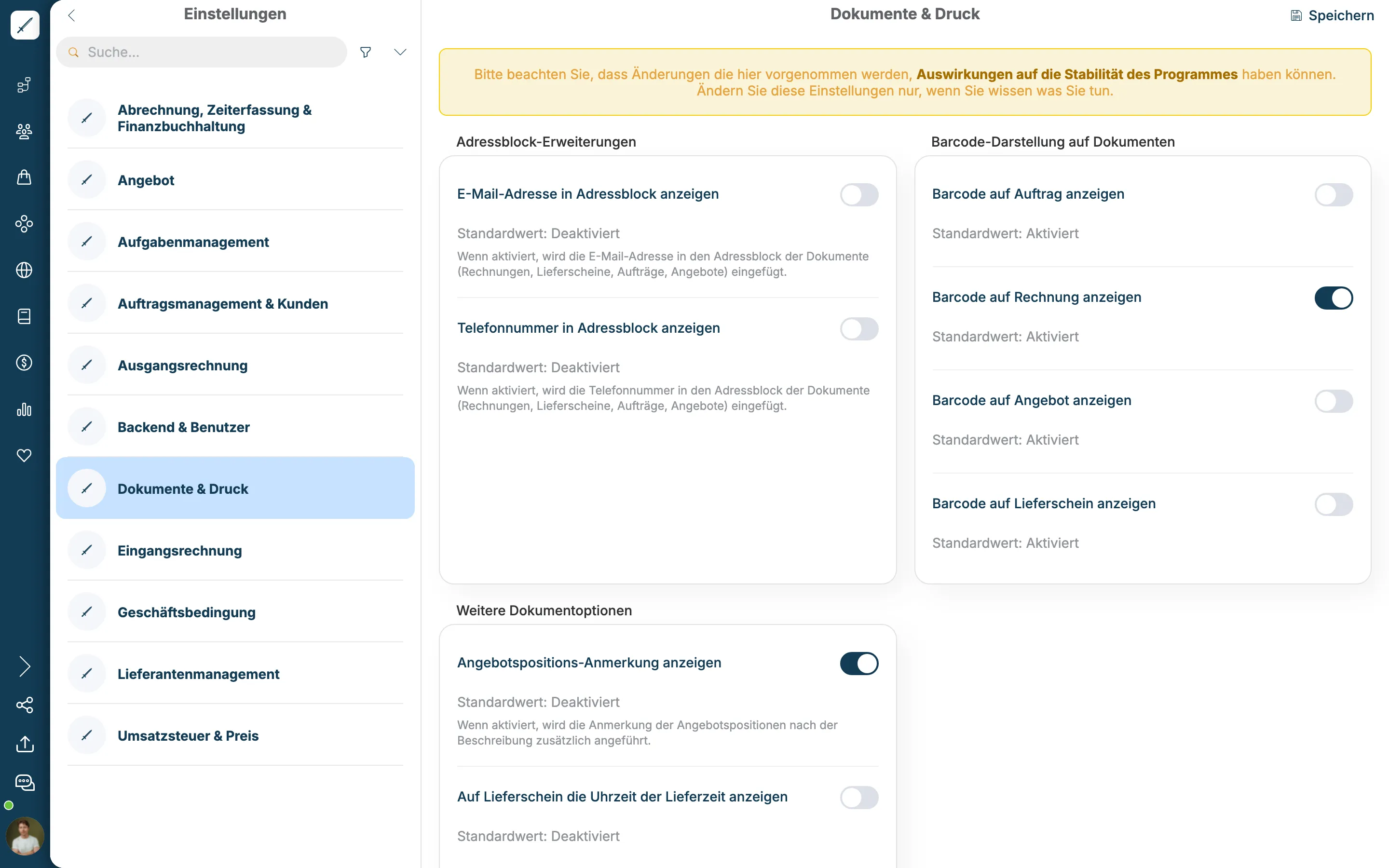 Bereich Dokumente & Druck mit Schaltern für Adressblock, Barcodes und Dokumentoptionen