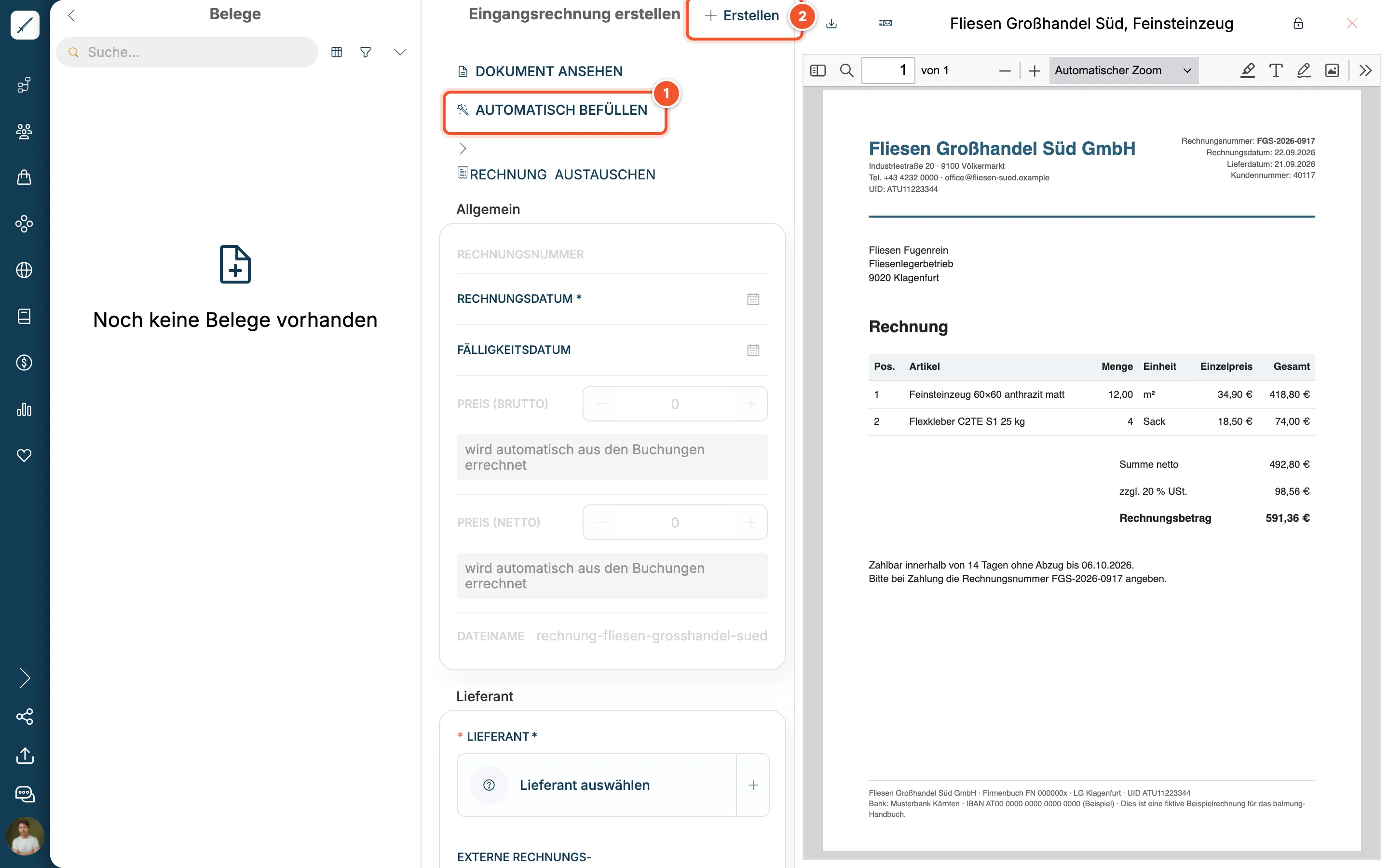 Eingangsrechnung erstellen mit Beleg-Vorschau und dem Button Automatisch befüllen