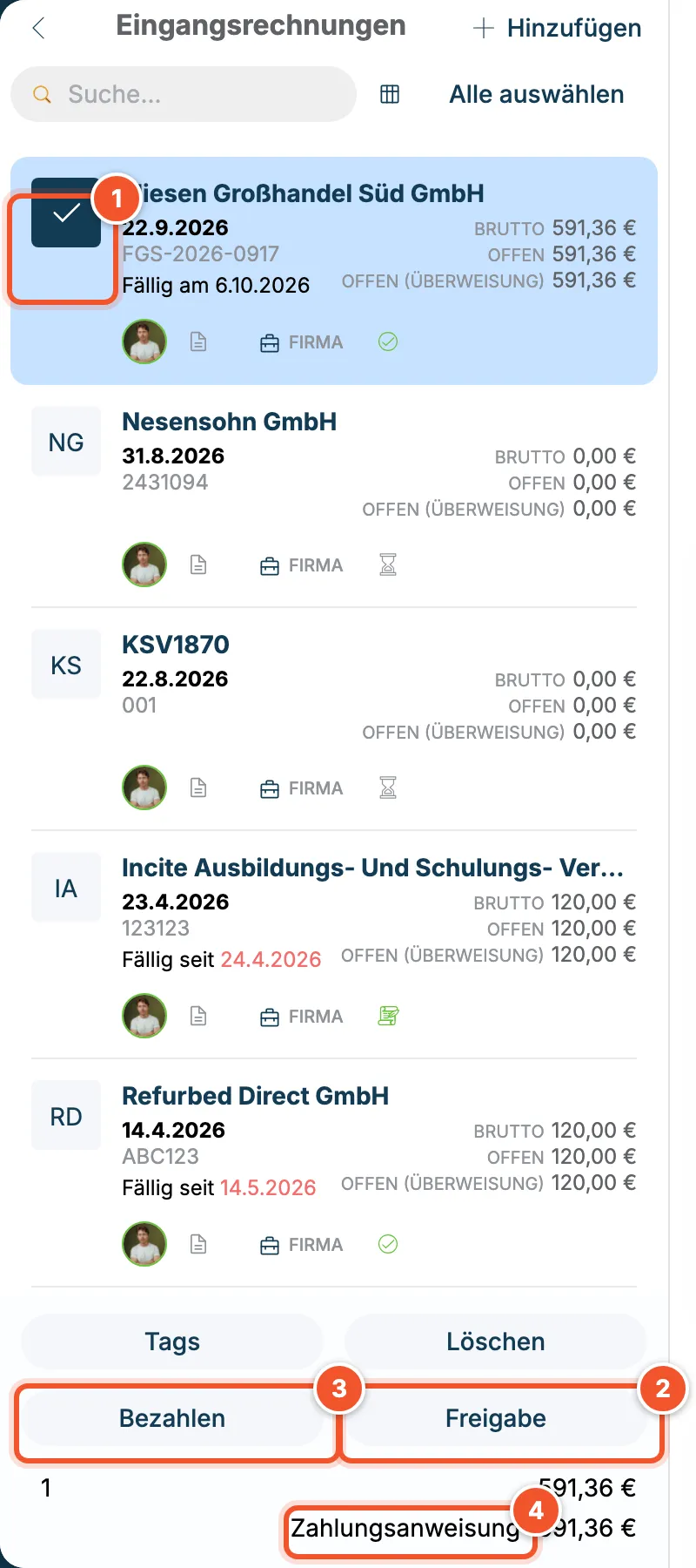 Liste der Eingangsrechnungen im Auswahlmodus mit den Buttons Freigabe und Bezahlen
