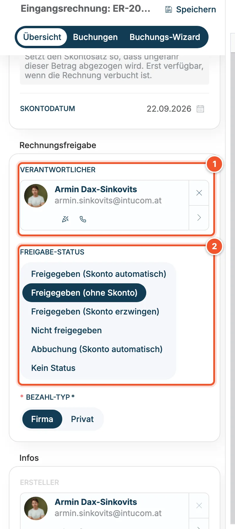 Bereich Rechnungsfreigabe mit Verantwortlichem und Freigabe-Status