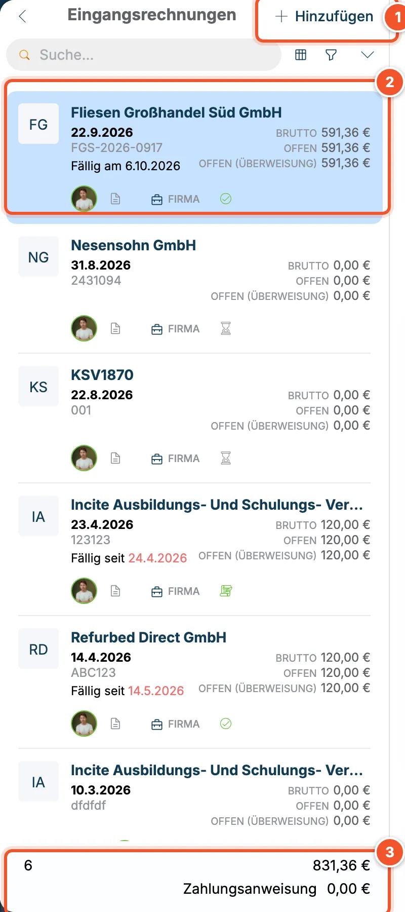 Liste der Eingangsrechnungen mit Beträgen, Fälligkeit und Summen