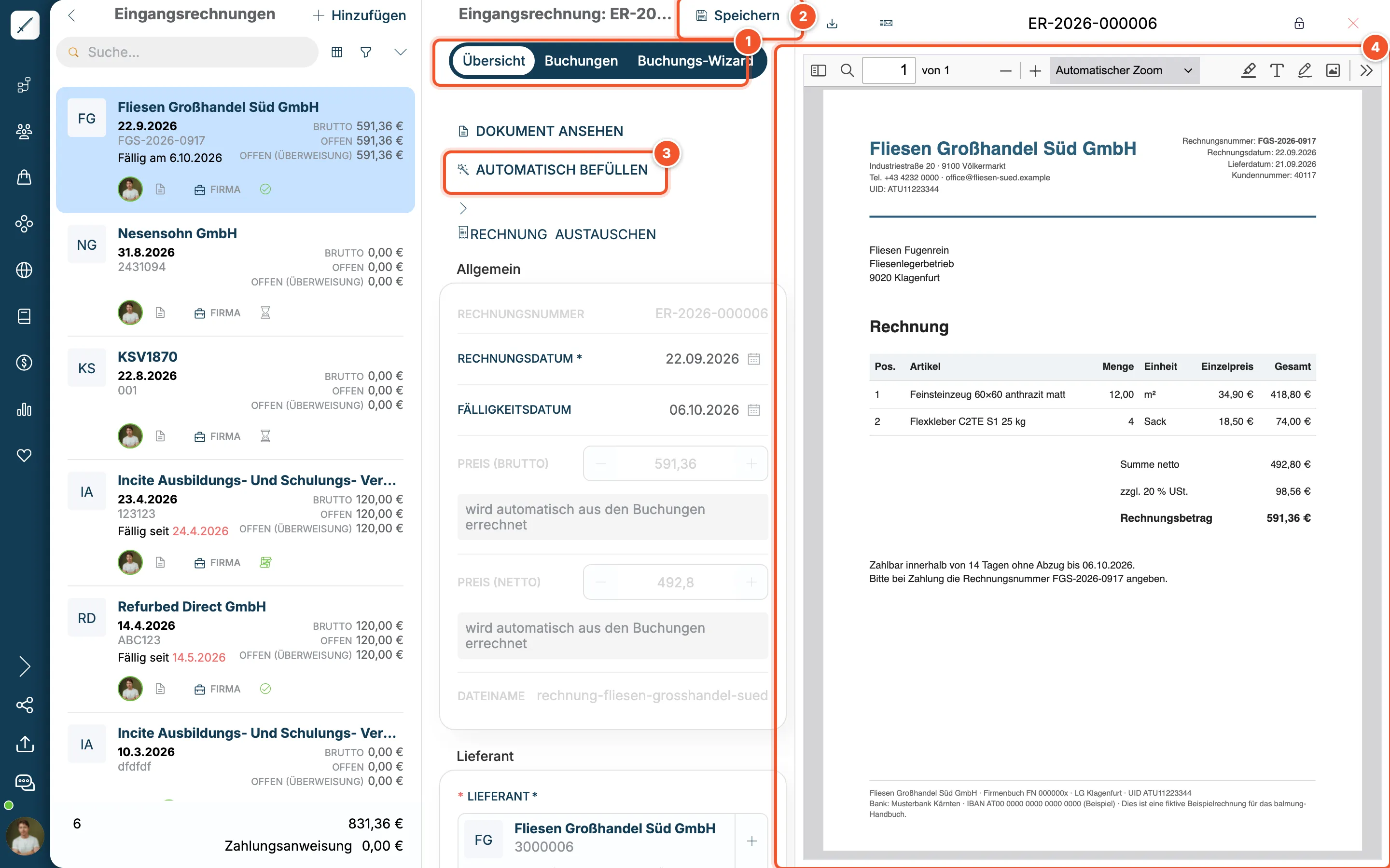 Detailansicht einer Eingangsrechnung mit Reitern und PDF-Vorschau
