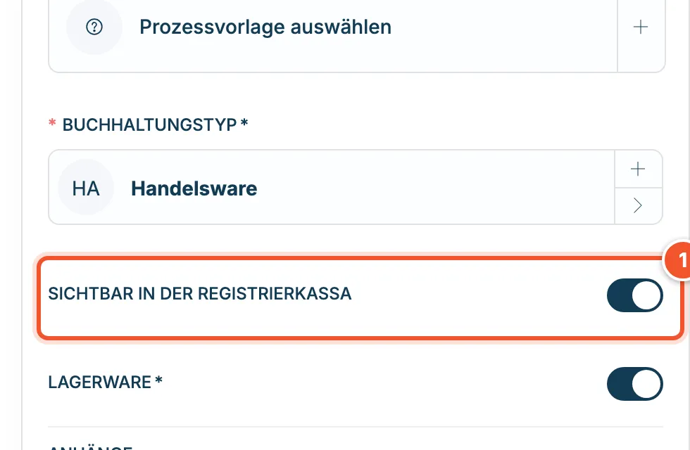Produkt mit eingeschaltetem Schalter Sichtbar in der Registrierkassa