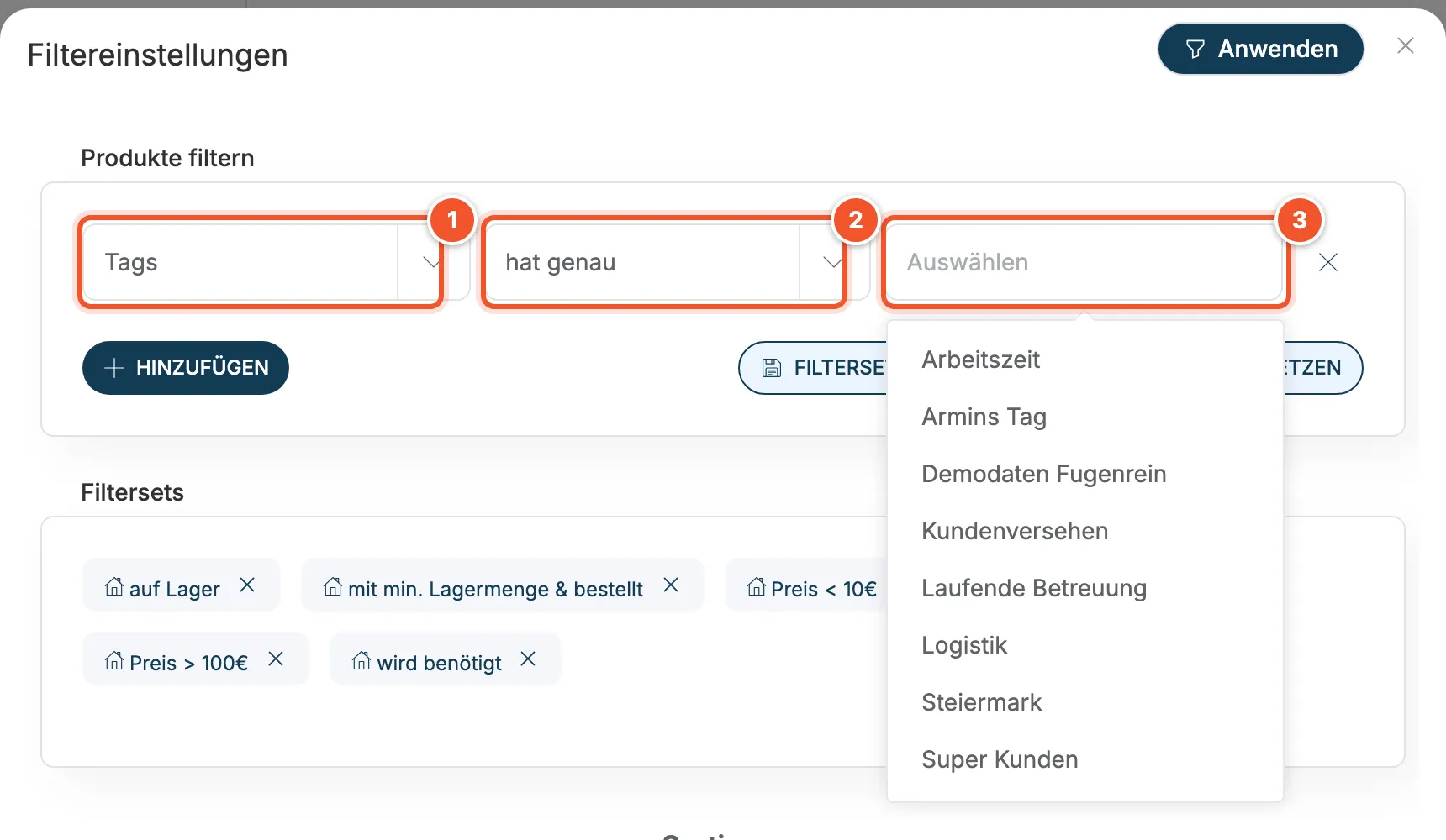 Filtereinstellungen mit Filterzeile Tags, hat genau und geöffneter Liste der vorhandenen Tags