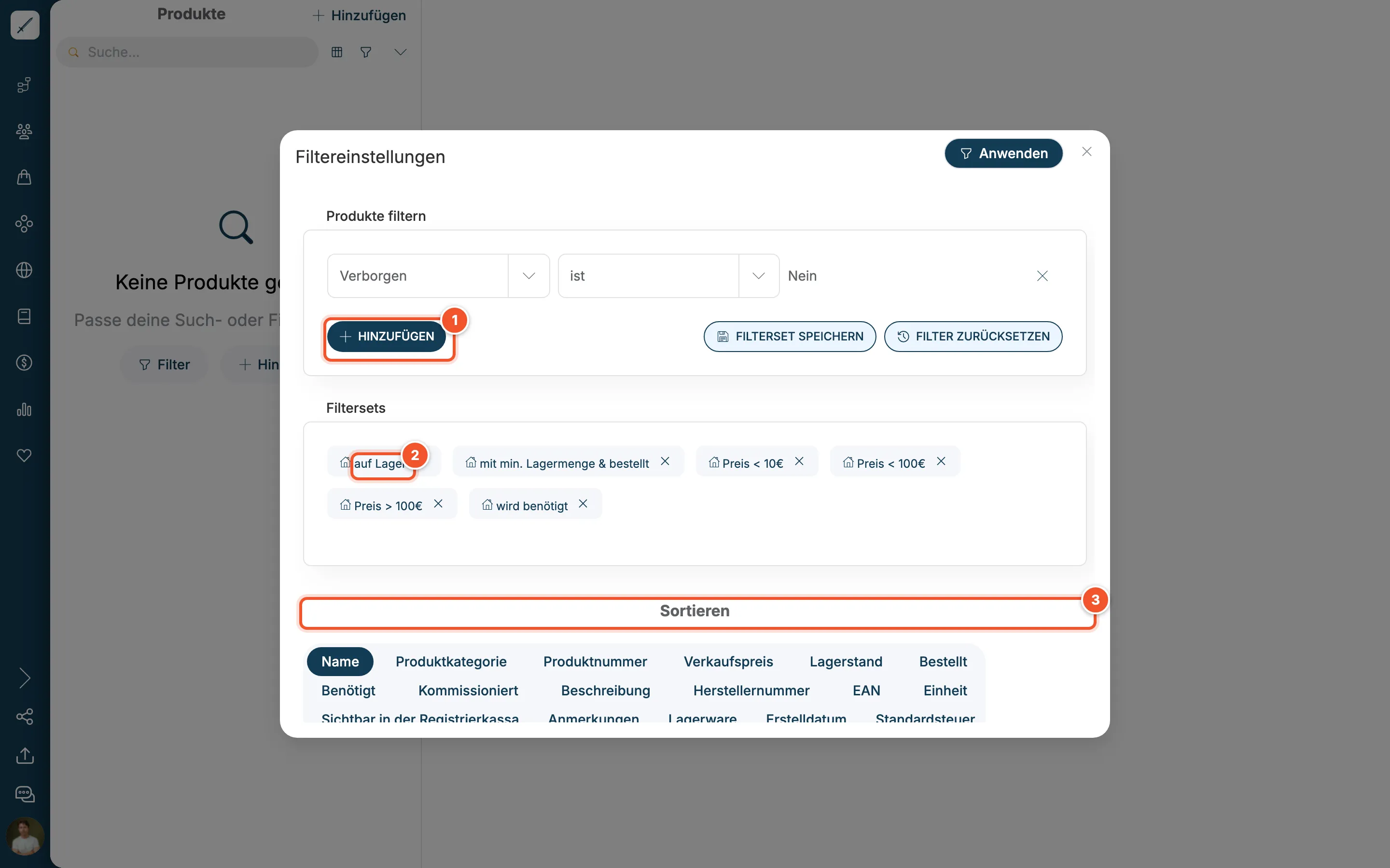 Filtereinstellungen der Produkte mit Filtersets und Sortierung