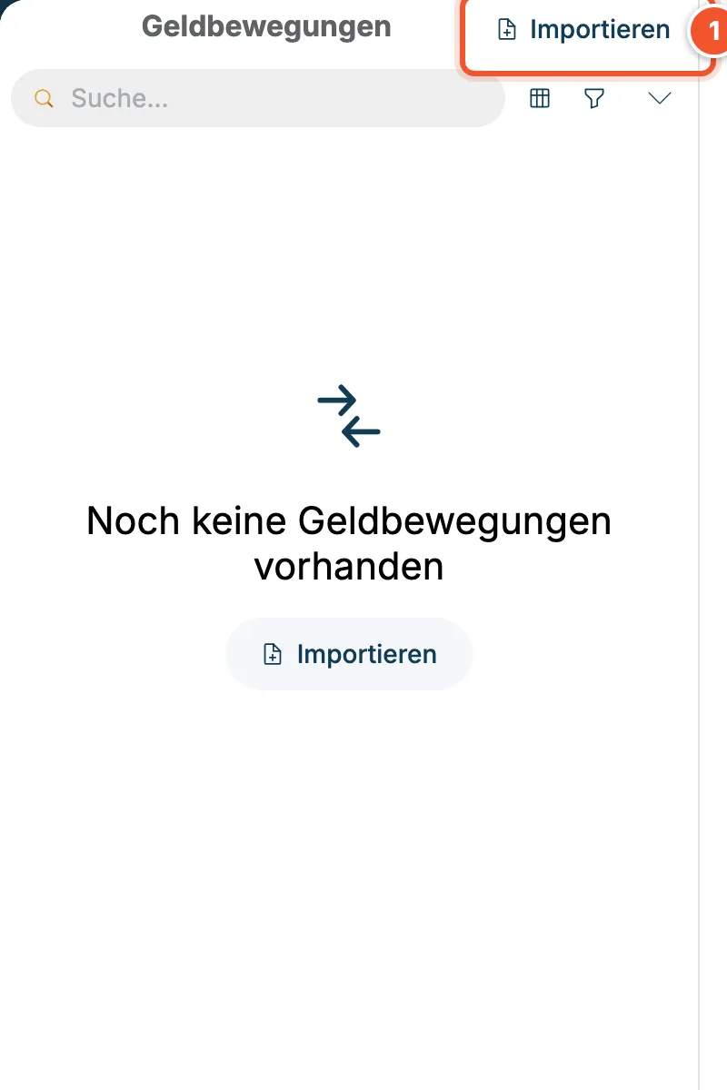 Leere Liste der Geldbewegungen mit dem Button Importieren