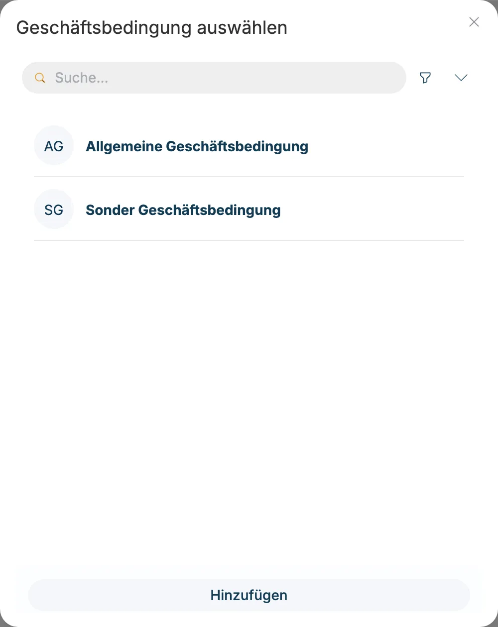 Fenster Geschäftsbedingung auswählen mit Allgemeiner und Sonder Geschäftsbedingung