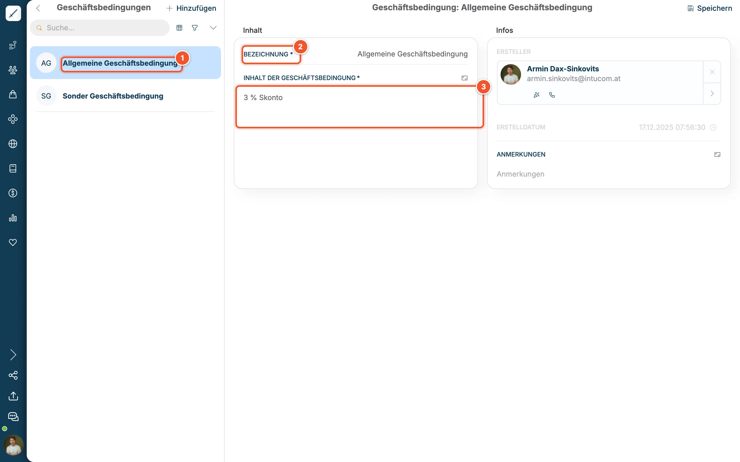 Liste der Geschäftsbedingungen mit Allgemeine Geschäftsbedingung und Sonder Geschäftsbedingung und der Detailansicht