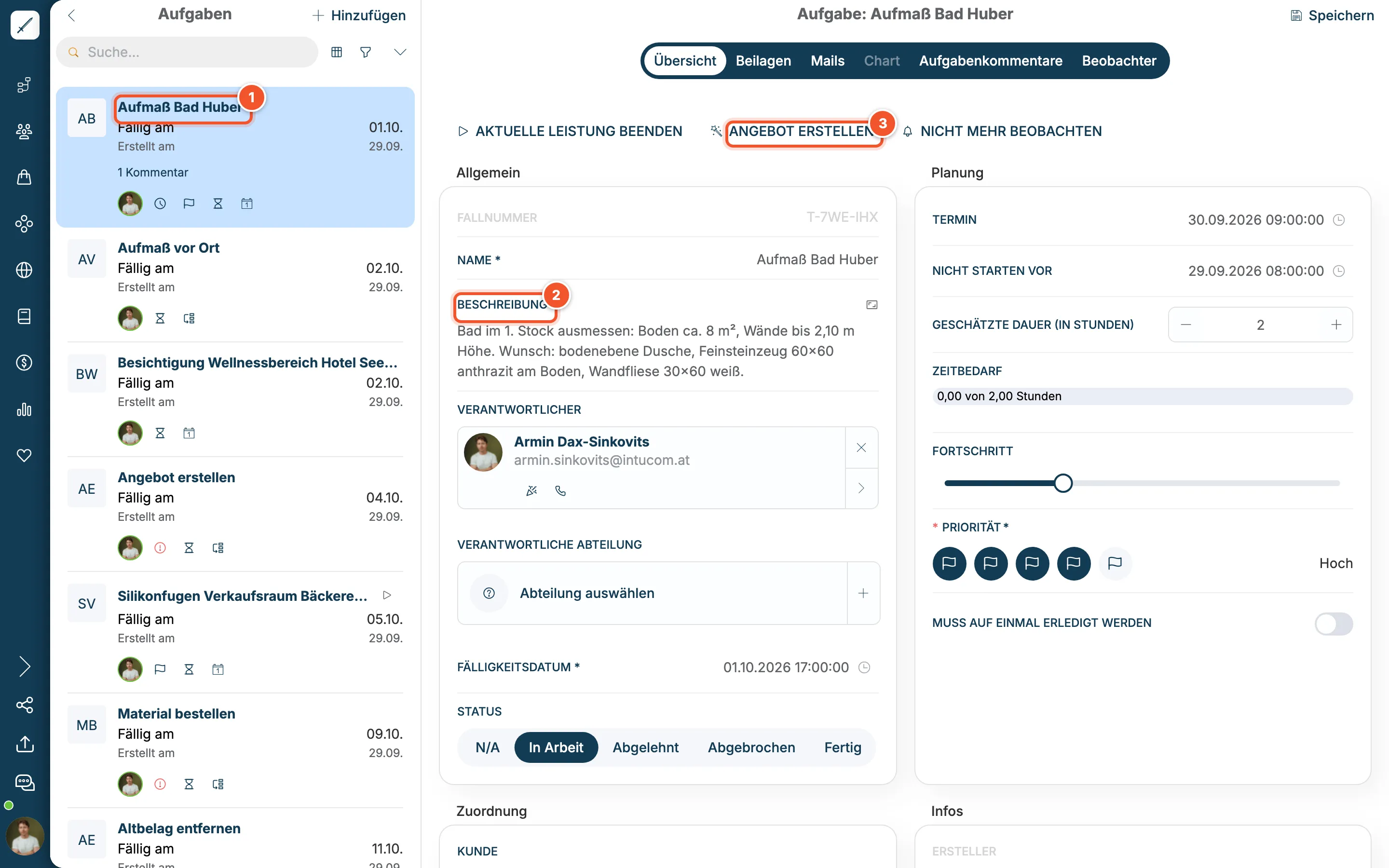 Aufgabe Aufmaß Bad Huber mit Beschreibung, Termin 30.09.2026 9 Uhr, Status In Arbeit und dem Button Angebot erstellen