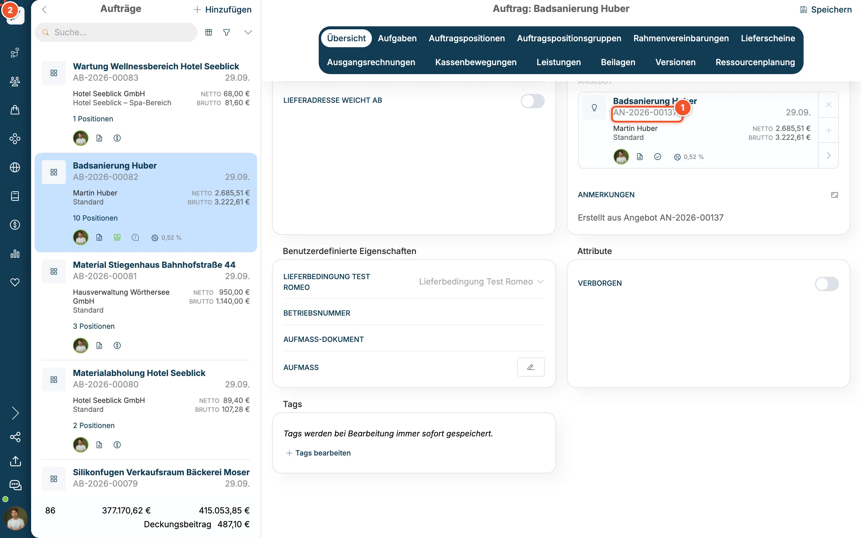 Auftrag mit verknüpftem Angebot AN-2026-00137 und der Anmerkung Erstellt aus Angebot