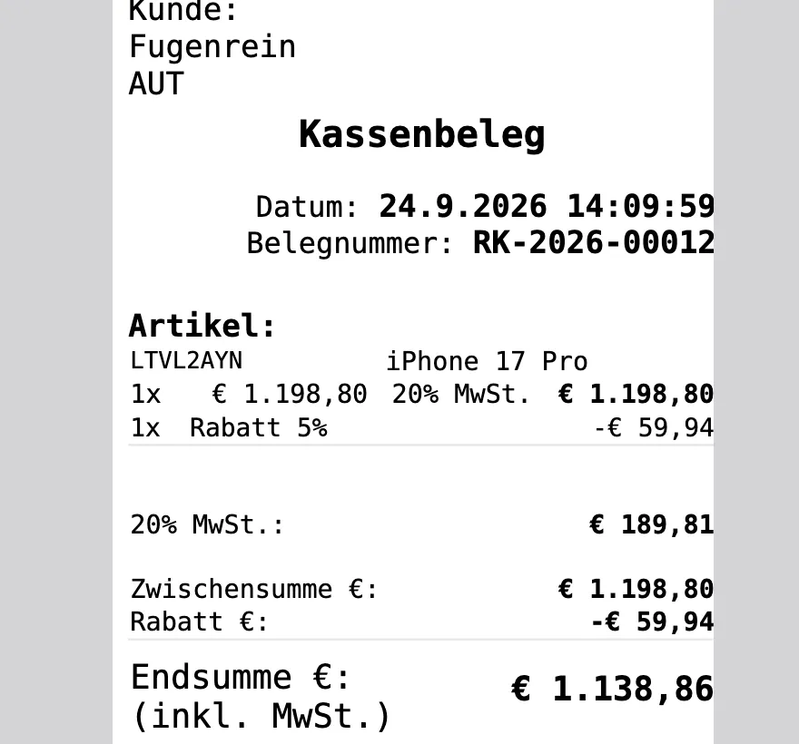 Ausschnitt eines Kassenbelegs mit Artikel, Rabatt, MwSt. und Endsumme