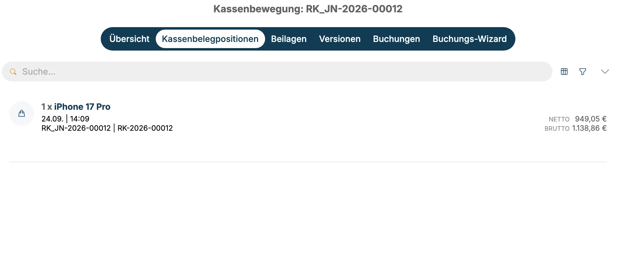 Reiter Kassenbelegpositionen mit einer Position