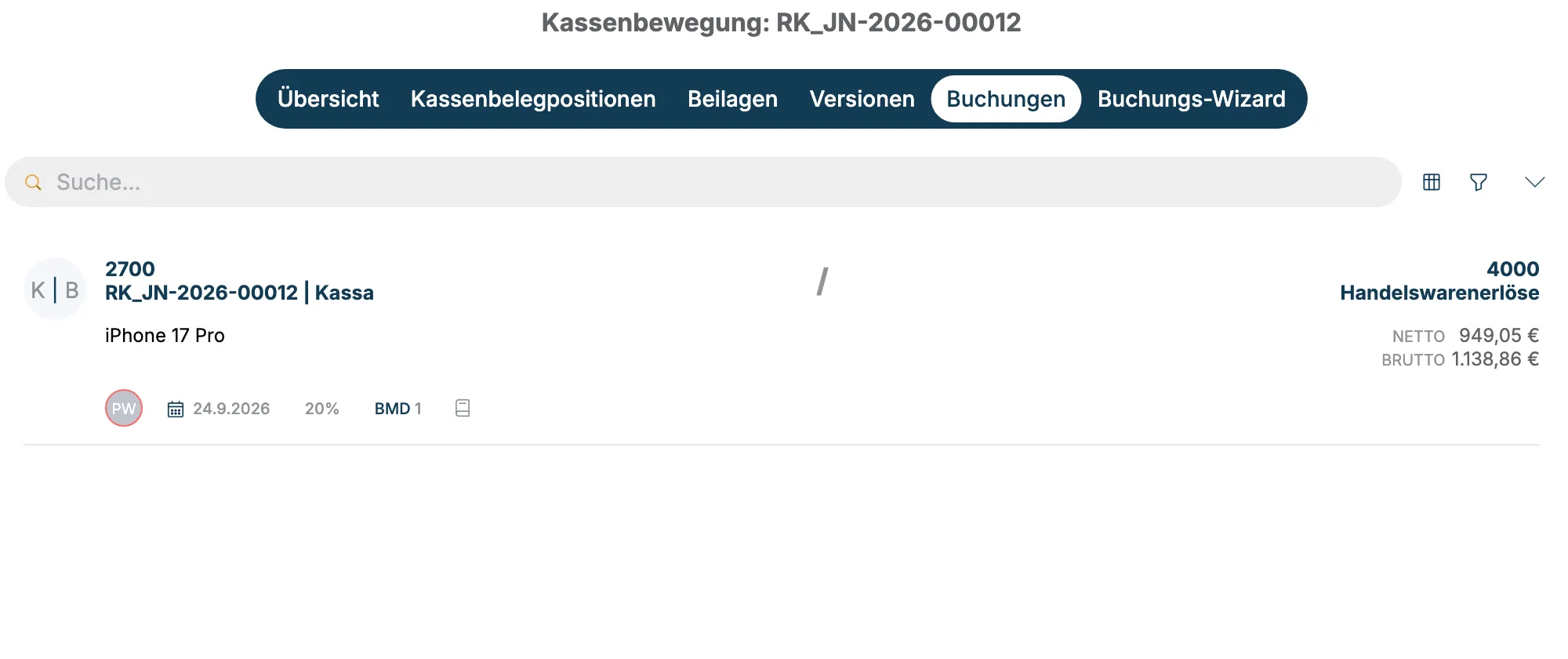Reiter Buchungen mit der Buchung Kassa an Handelswarenerlöse