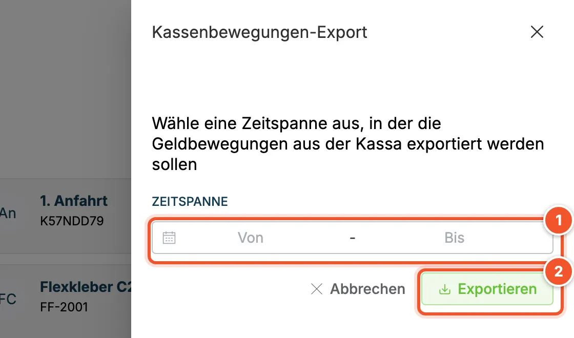 Seitenfenster Kassenbewegungen-Export mit Zeitspanne Von und Bis