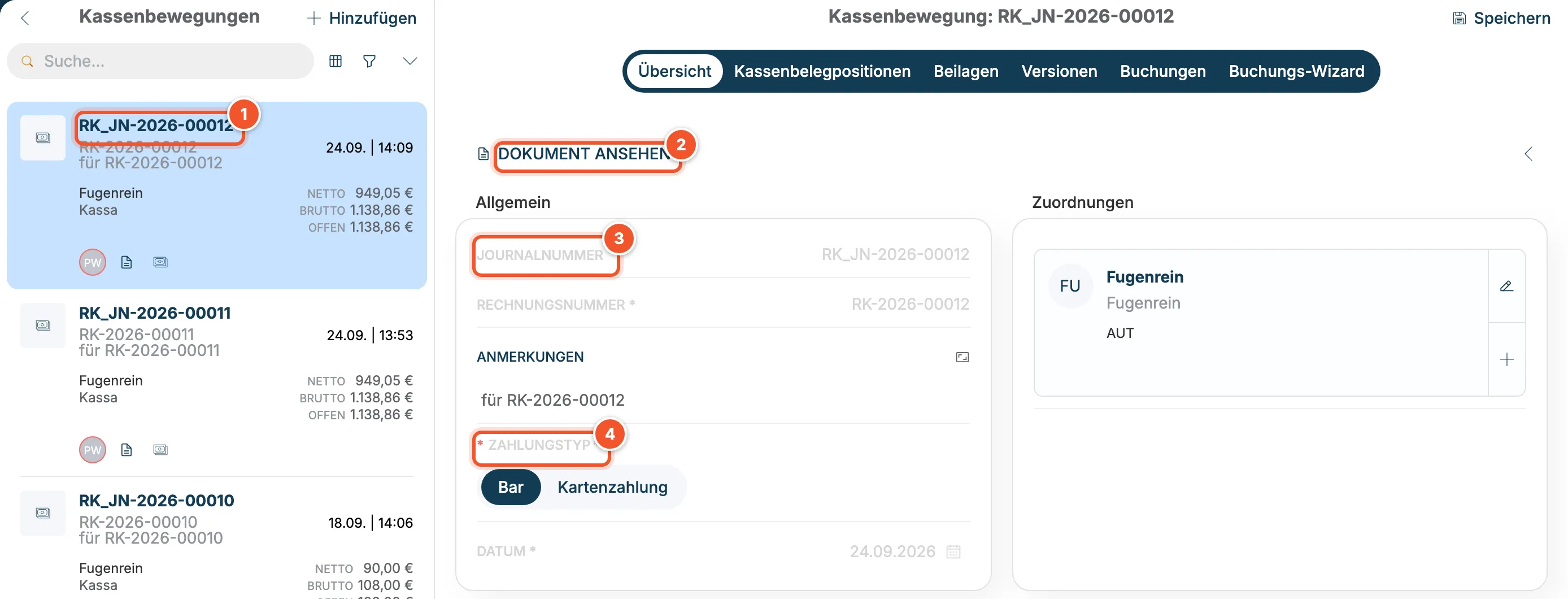 Liste der Kassenbewegungen und Detailansicht einer Kassenbewegung
