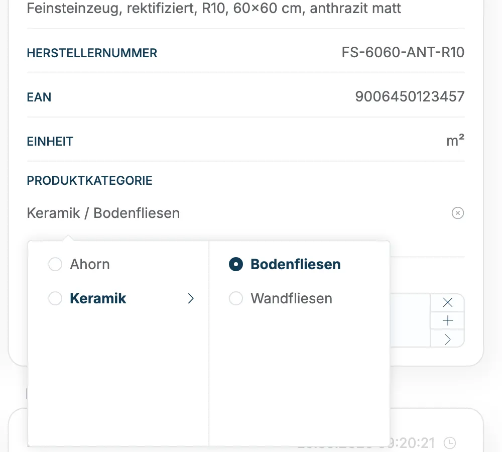 Auswahl der Produktkategorie mit Ahorn, Keramik und den Unterkategorien Bodenfliesen und Wandfliesen