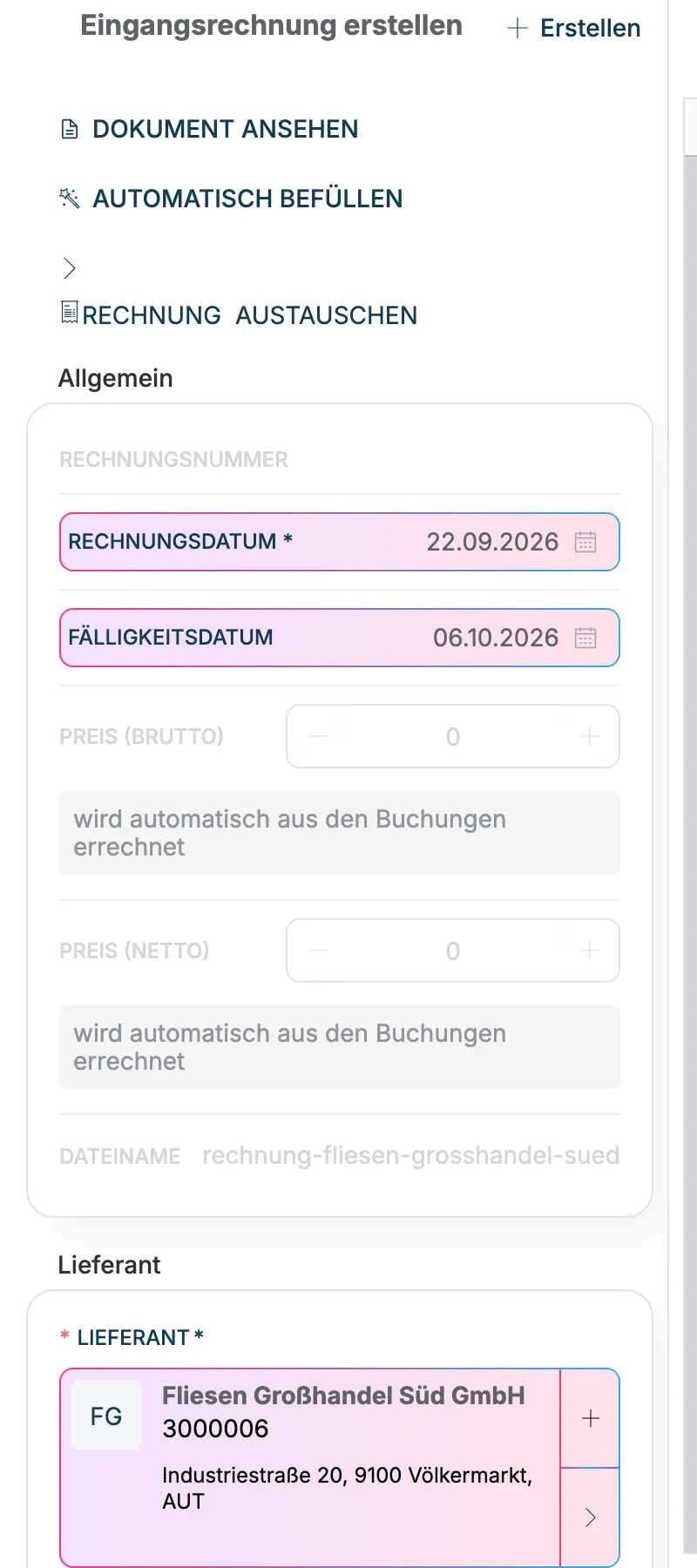 Ausschnitt mit erkanntem Lieferanten