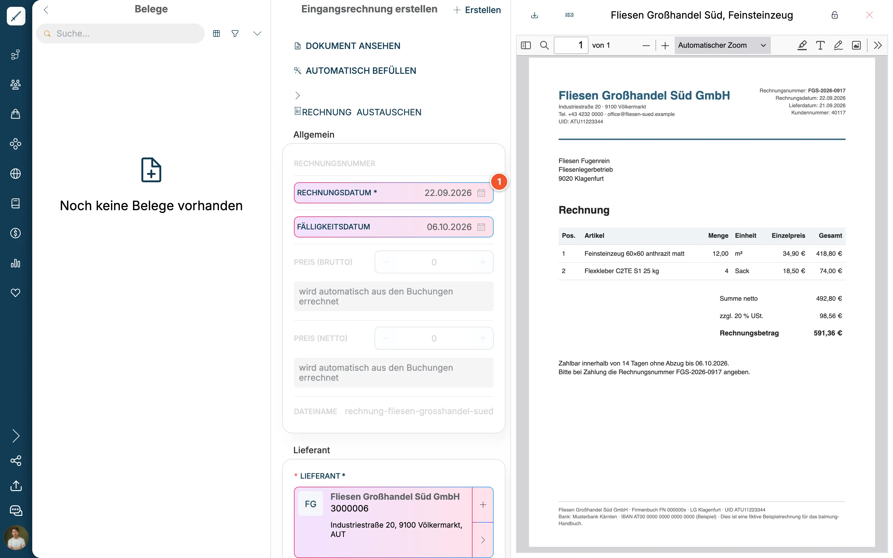 Automatisch befüllte Felder Rechnungsdatum, Fälligkeitsdatum und Lieferant, farbig hinterlegt