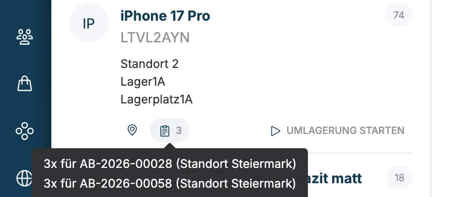 Hinweis mit 3x für AB-2026-00028 (Standort Steiermark) und 3x für AB-2026-00058 (Standort Steiermark)