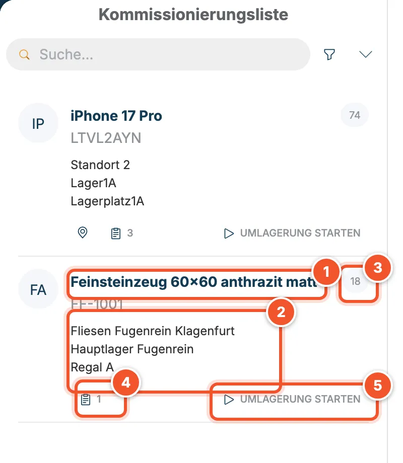 Kommissionierungsliste mit Feinsteinzeug 60×60 anthrazit matt, 18 Stück, aus Fliesen Fugenrein Klagenfurt, Hauptlager Fugenrein, Regal A