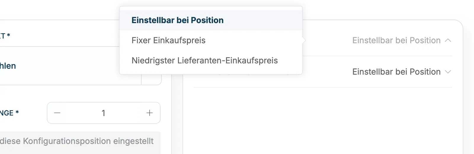 Auswahlliste Einkaufspreis-Ermittlung mit Einstellbar bei Position, Fixer Einkaufspreis und Niedrigster Lieferanten-Einkaufspreis