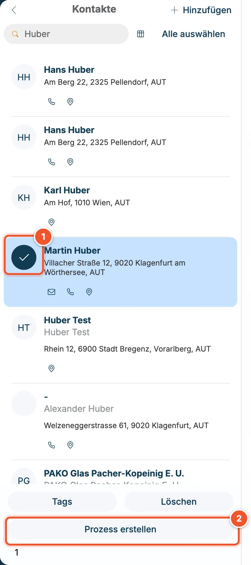 Markierter Kontakt Martin Huber mit Knöpfen Tags, Löschen und Prozess erstellen