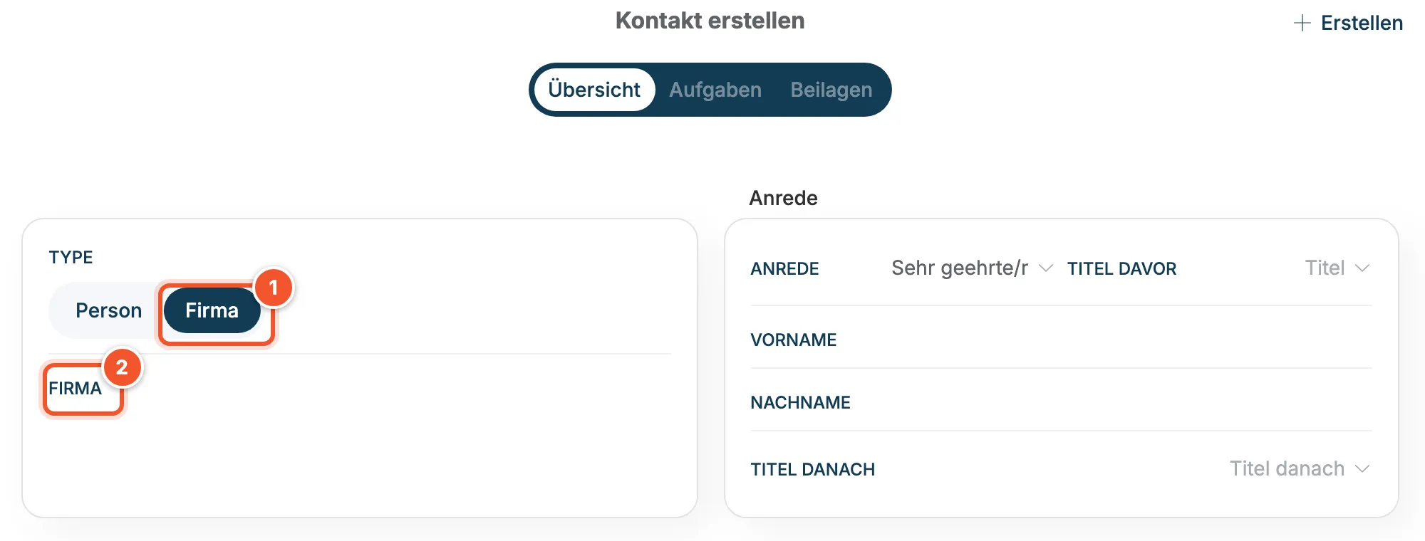 Formular Kontakt erstellen mit Type Firma