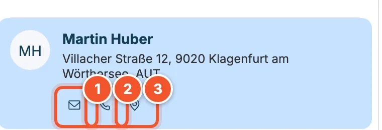 Kontakt Martin Huber mit Symbolen für Mail, Telefon und Karte