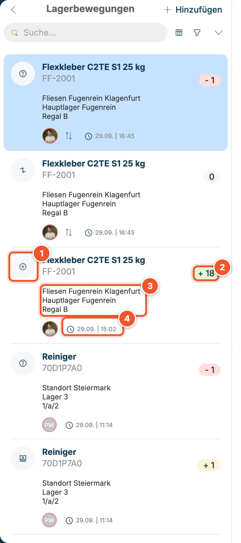 Liste der Lagerbewegungen mit Fugenmasse +2 am Kommissionierplatz Baustellen, Umlagerungen und Inventur