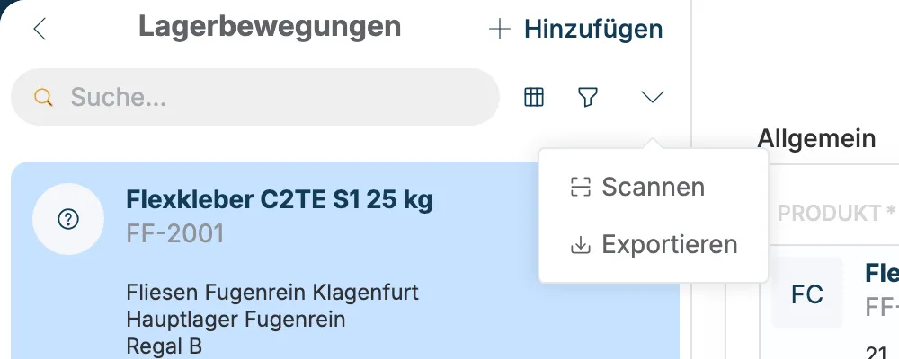 Aufgeklapptes Menü neben dem Filter mit Scannen und Exportieren