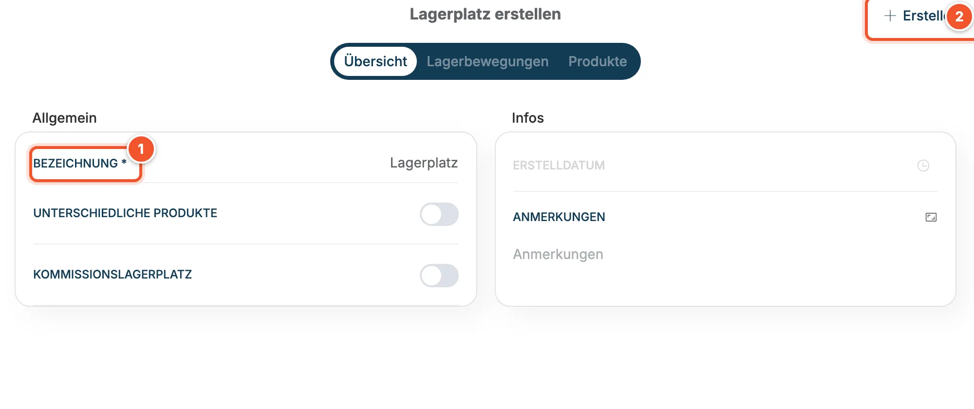 Formular Lagerplatz erstellen mit Bezeichnung, Schaltern Unterschiedliche Produkte und Kommissionslagerplatz