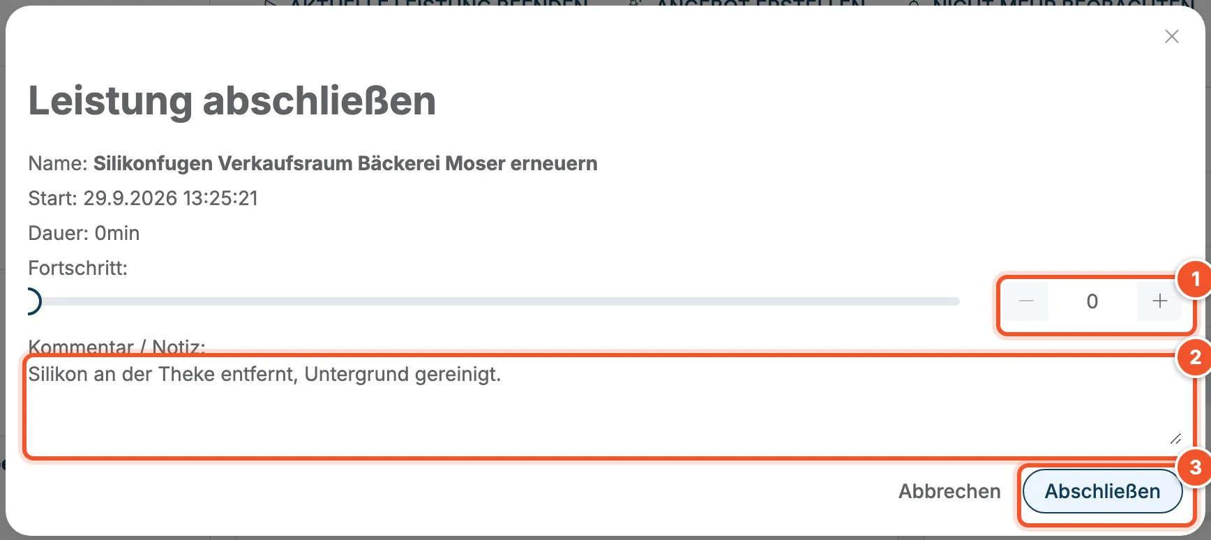 Fenster Leistung abschließen mit Fortschritt, Kommentar und Abschließen