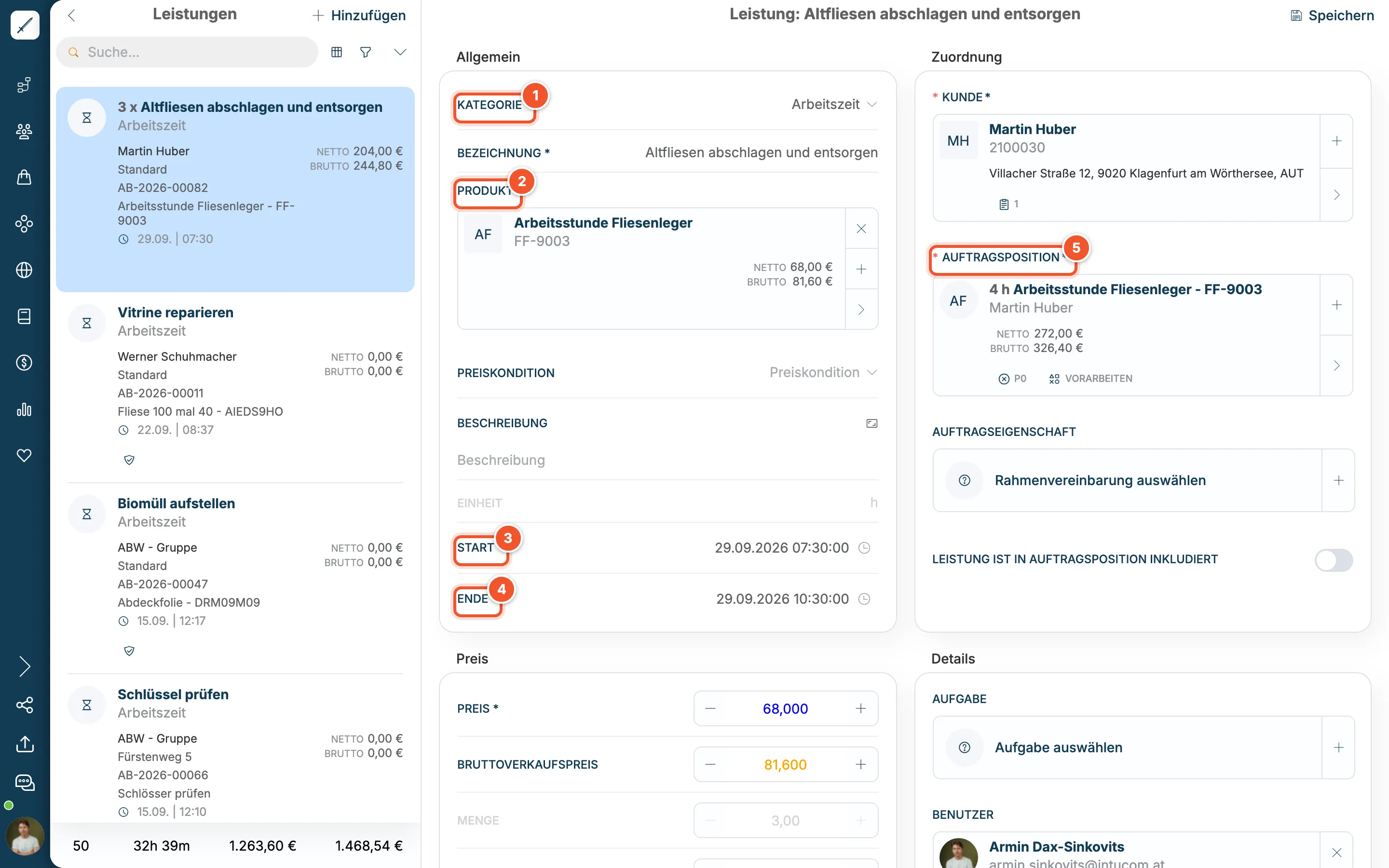 Leistung Altfliesen abschlagen und entsorgen mit Kategorie, Produkt, Start, Ende und Auftragsposition