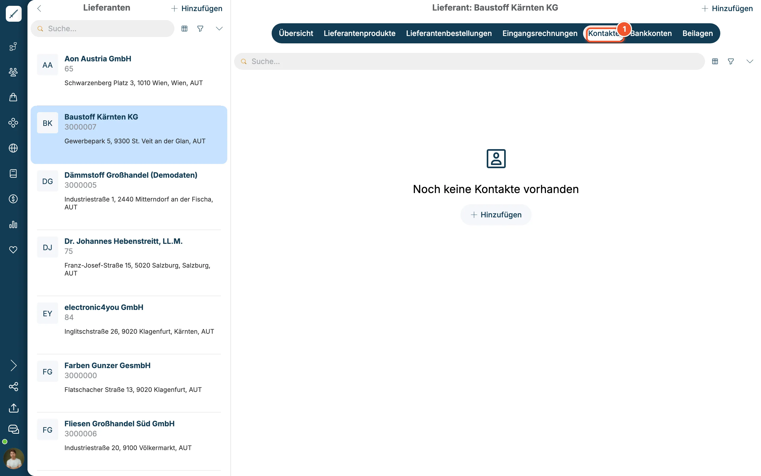 Leerer Reiter Kontakte mit Hinweis Noch keine Kontakte vorhanden und Button Hinzufügen