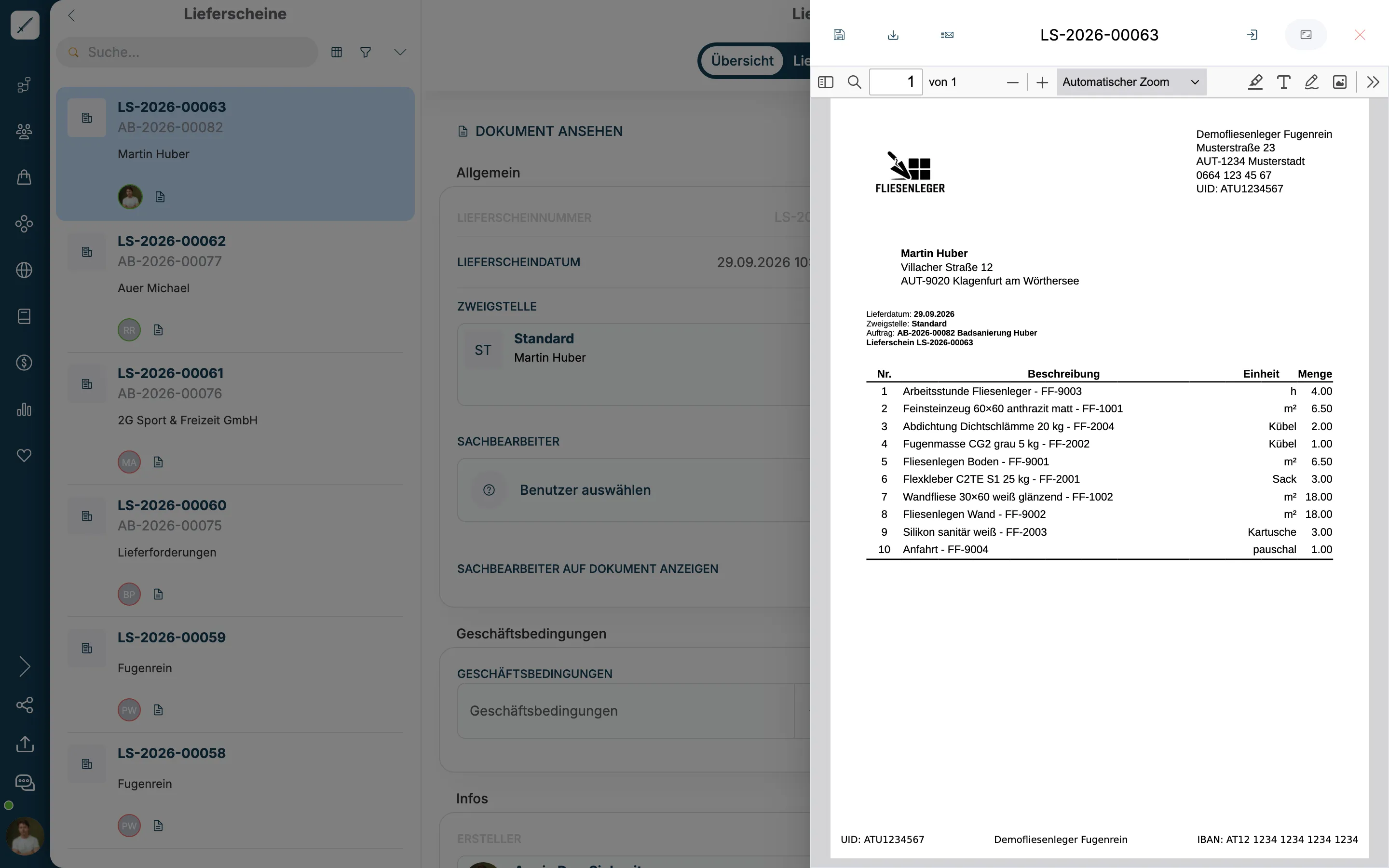 Lieferschein als PDF mit Positionen, Einheit und Menge